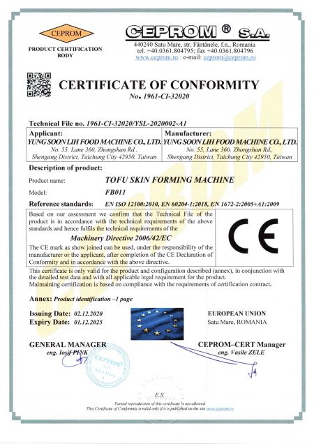 TOFU SKINFORMING MACHINE CE-certifikat